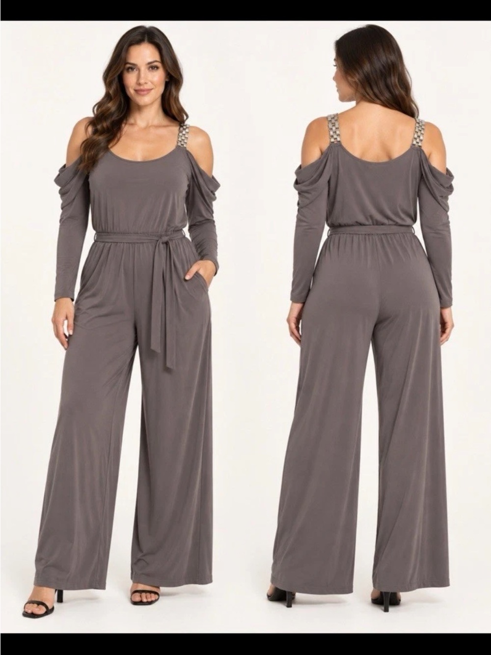 Kate & Mallory Taupe Cold-Shoulder Wide-Leg Jumpsuit with Embellished Straps